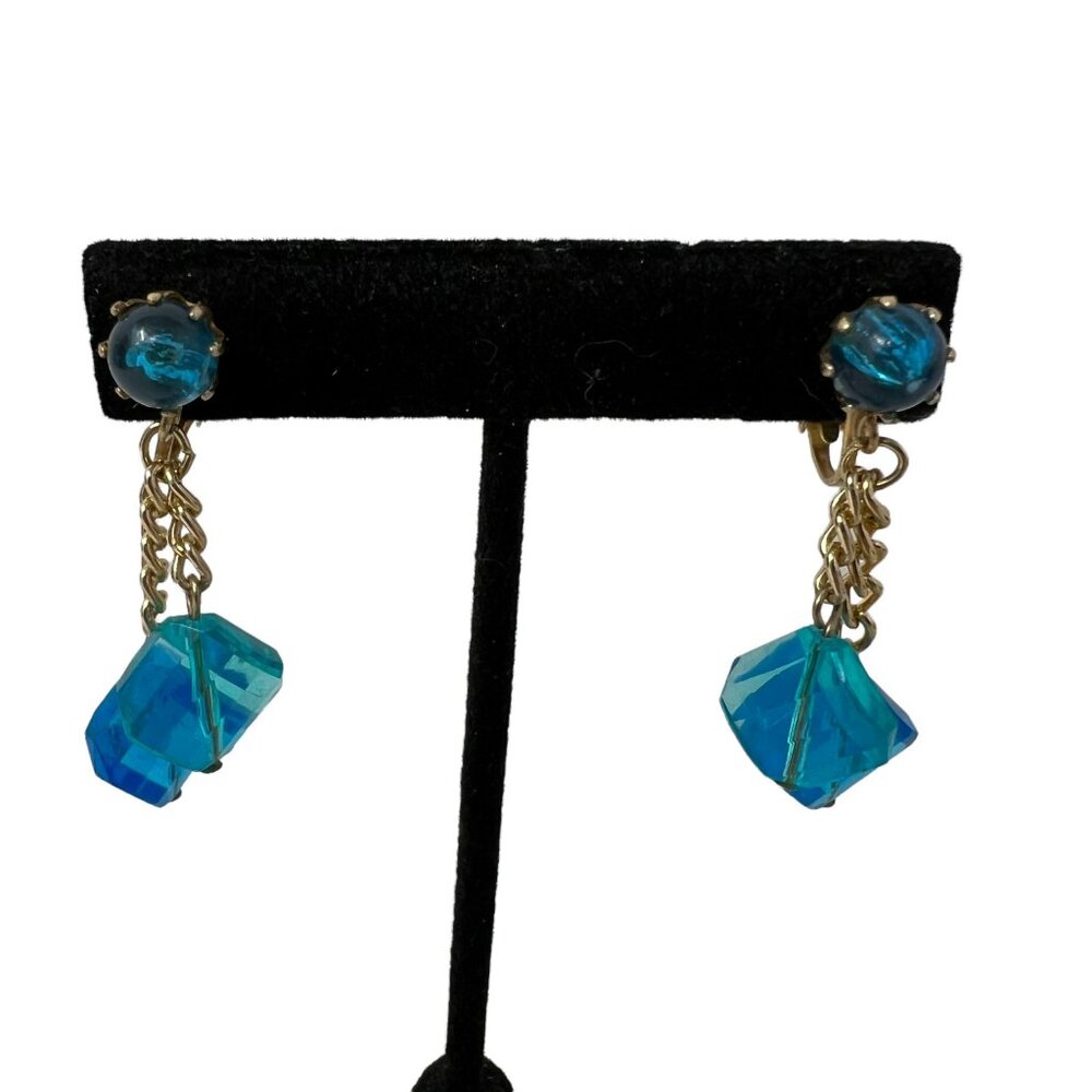 Vintage Earrings Blue Drop Bead Clip‎ On Made in Hong Kong